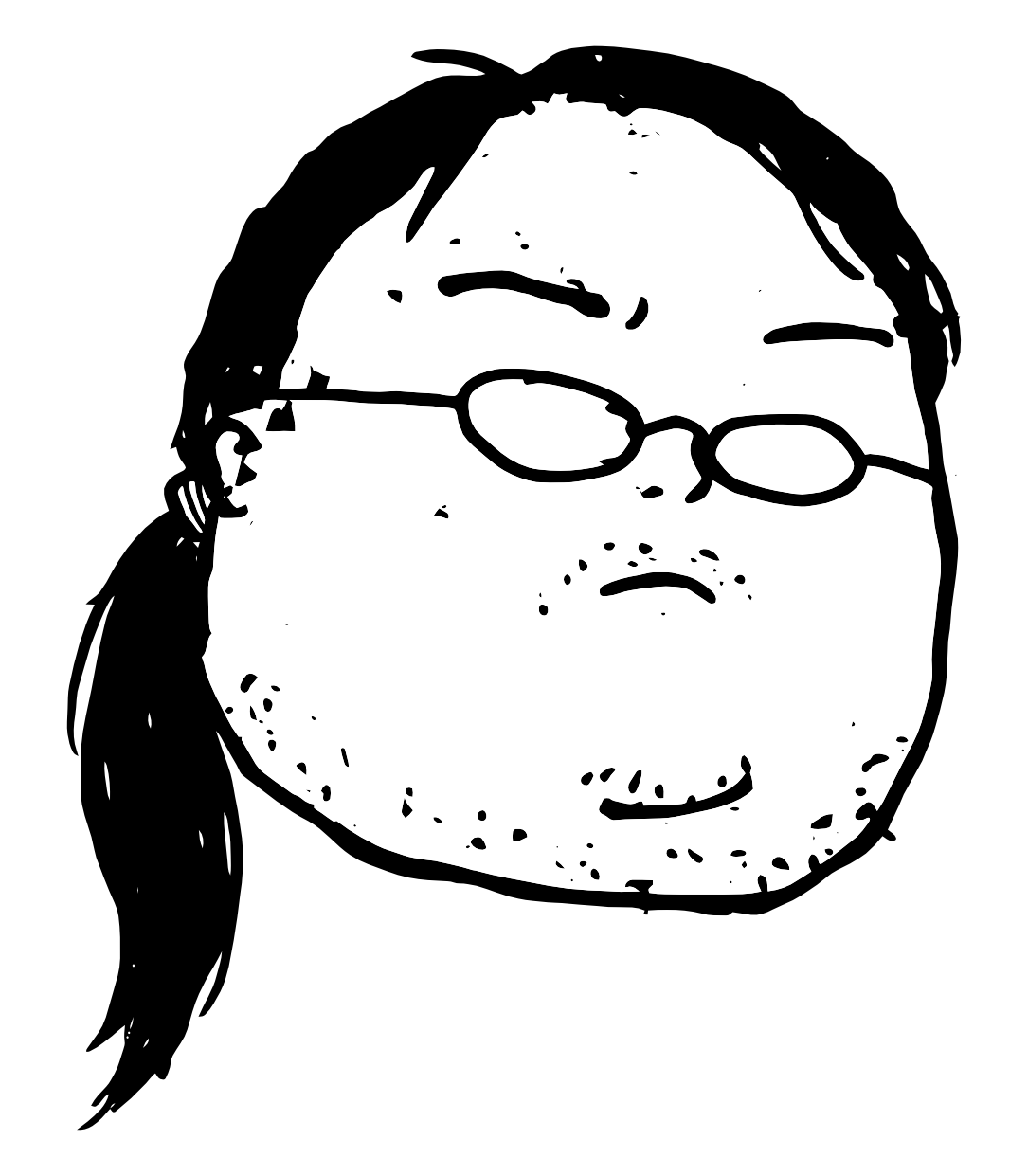 Ponytail logo: a deadpan senior developer with a ponytail and glasses